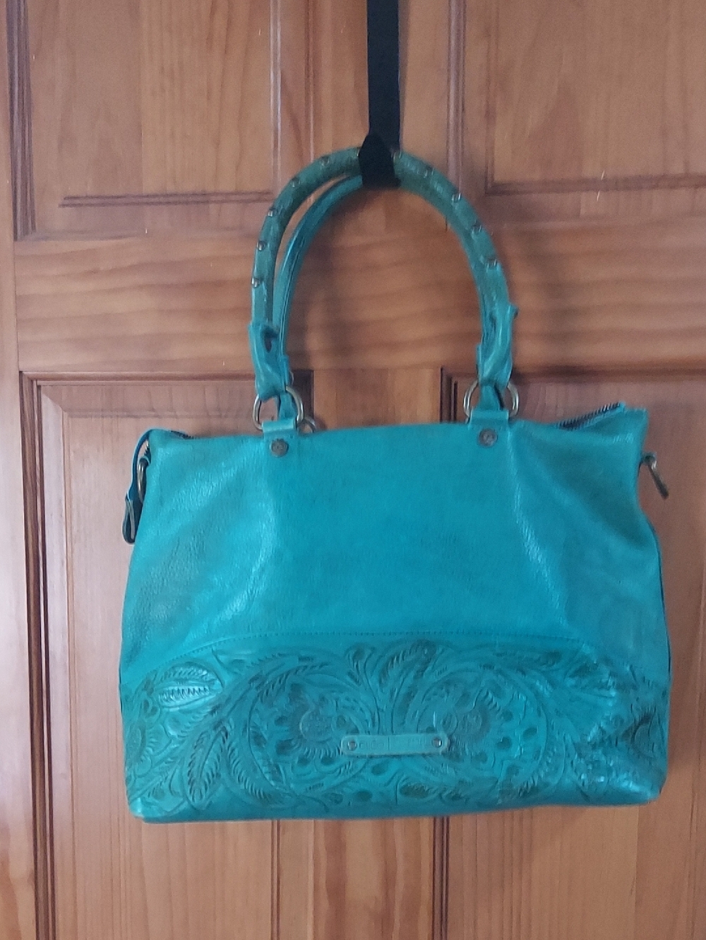 Turquoise Embossed Leather Satchel Bag